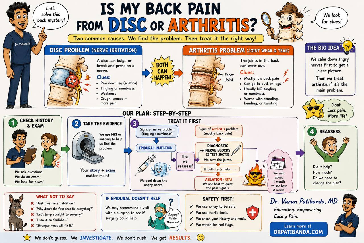 Infographic: Is my back pain from disc or arthritis? Two common causes, a step-by-step diagnostic plan, and treatment options.